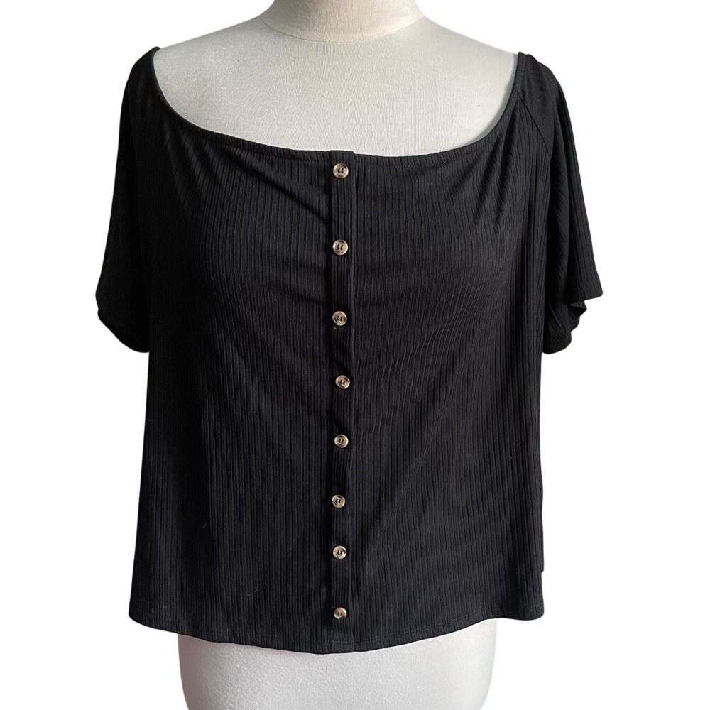 H&M Conscious Ribbed Off the Shoulder Button Down Top Black XXLNWT